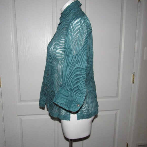 Mirasol Teal Sheer Burnout Textured Button-Up Blouse | Size M | Boho Chic Resort - Picture 2 of 6